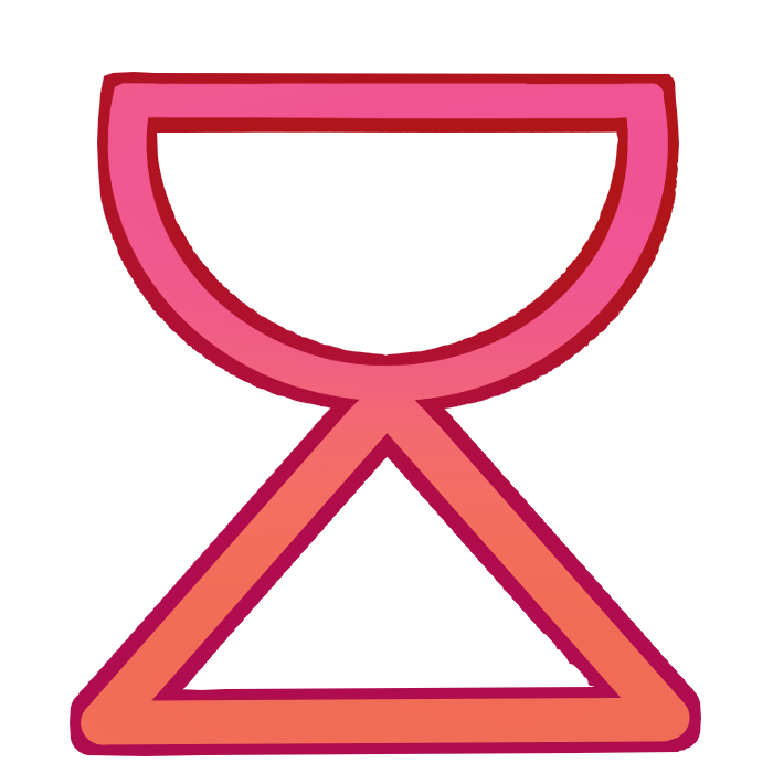 the sitelen pona glyph for the toki pona word 'loje,' which looks like a triangle with a bowl on top, colored in pinkish red.